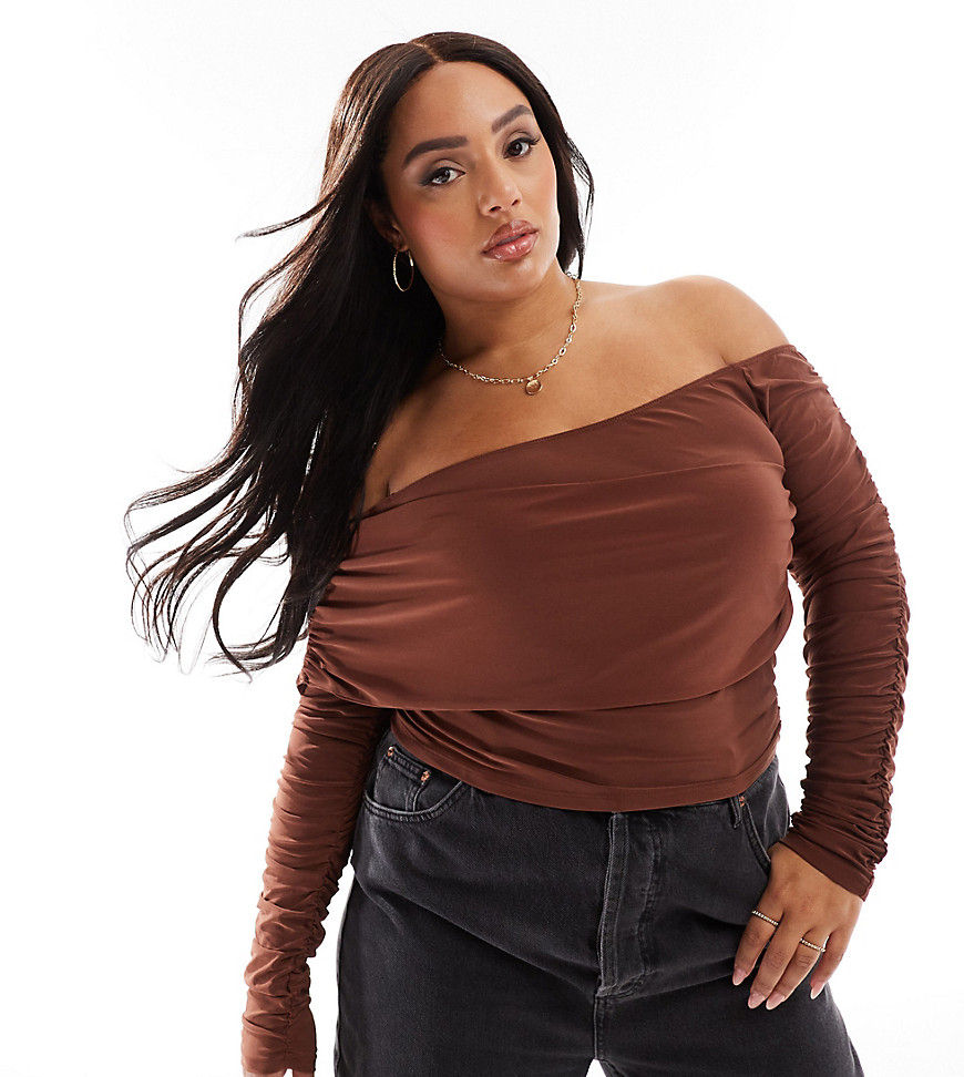 ASOS DESIGN Curve slinky asymmetric neck ruched sleeve top in chocolate-Brown