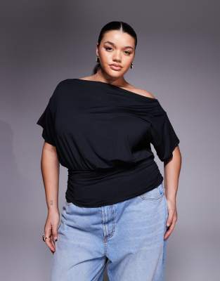 Asos Curve Asos Design Curve Slinky Asymmetric One Shoulder Short Sleeve Top With Cinched Waist Detailing In Black