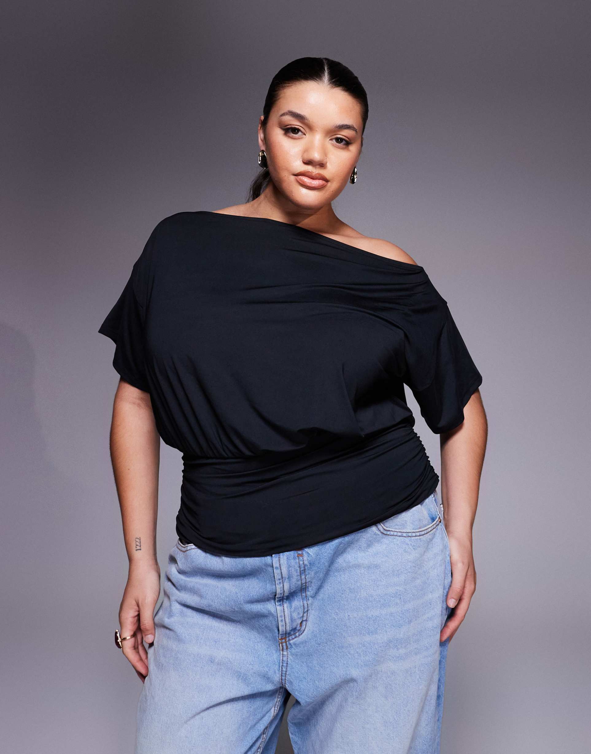 asos design curve slinky asymmetric one shoulder short sleeve top with cinched waist detailing in black
