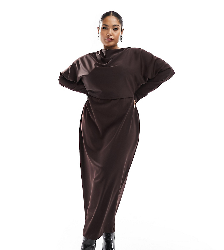 Asos Curve Asos Design Curve Slinky Batwing Midi Dress With Draped Front In Chocolate-brown
