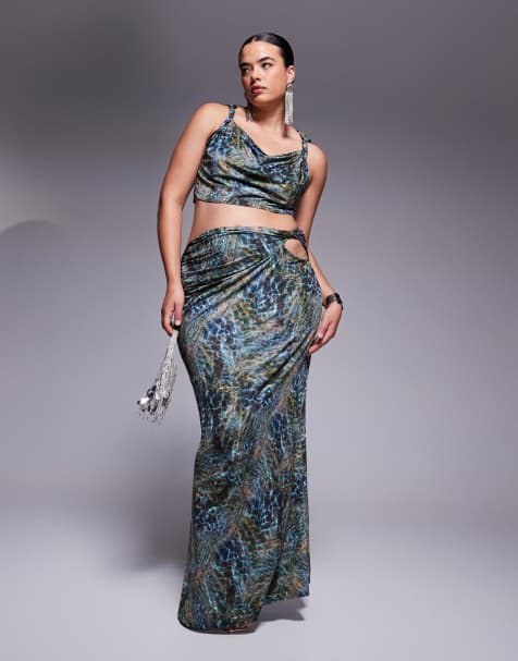 ASOS DESIGN Curve slinky cut out hip maxi skirt in blue print (part of a set) - view 1
