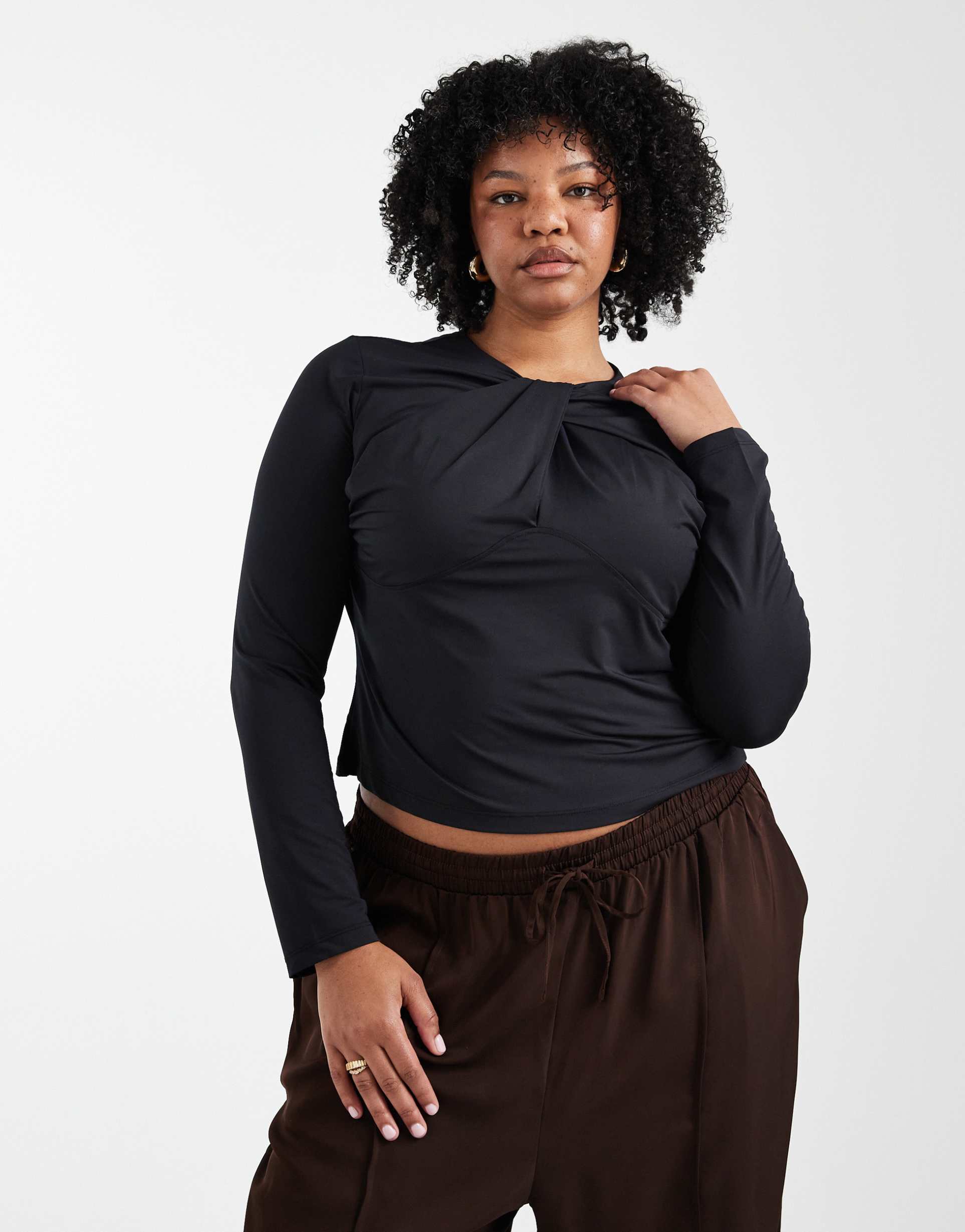asos design curve slinky cut out twist detail long sleeve top in black