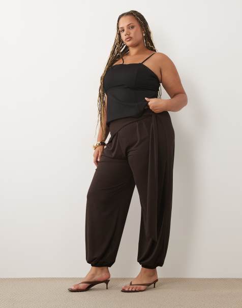 ASOS DESIGN Curve slinky drape wrap detail balloon pants in chocolate - view 1