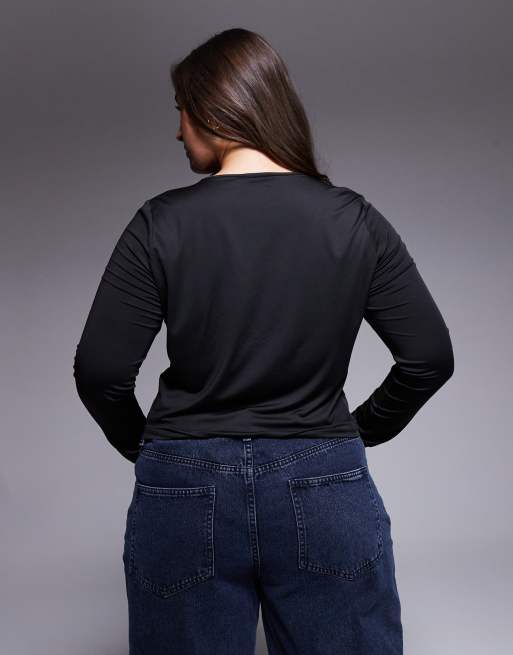 ASOS DESIGN Curve slinky long sleeve deep V-neck top with lace in black, 3 of 4