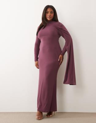ASOS DESIGN Curve slinky long sleeve maxi dress with extreme cape shoulder detail in mauve-Purple
