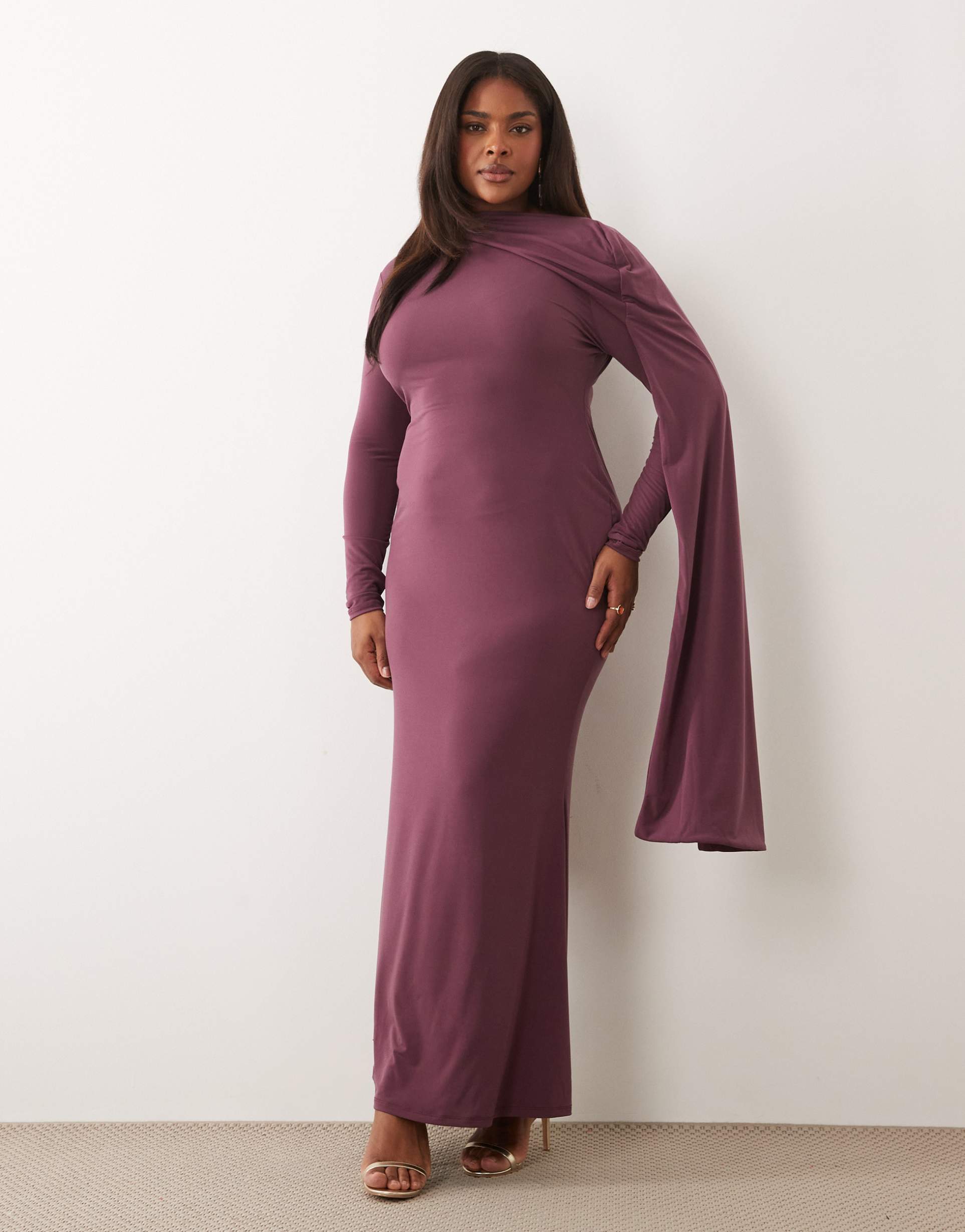 asos design curve slinky long sleeve maxi dress with extreme cape shoulder detail in mauve