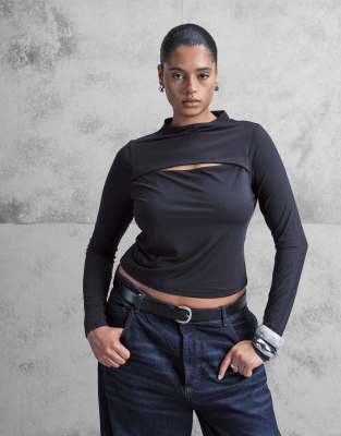 Asos Curve Asos Design Curve Slinky Long Sleeve Top With Cut Out Detail In Black