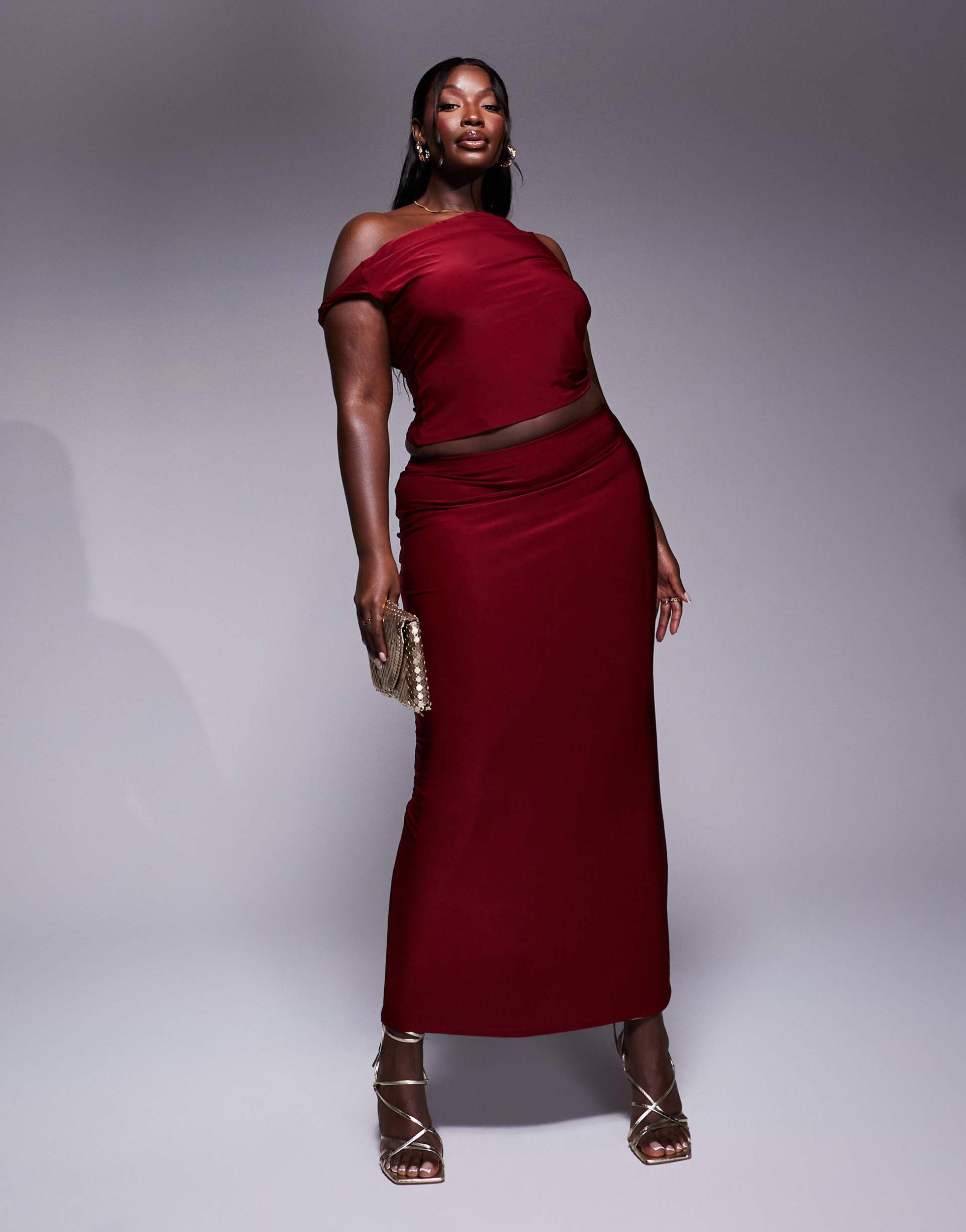 asos design curve slinky maxi skirt in burgundy - part of a set