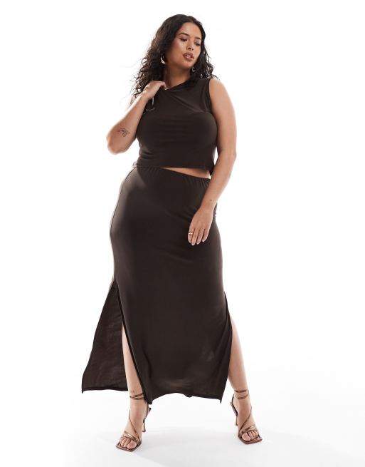 ASOS DESIGN Curve slinky midi skirt with side slits in chocolate part of a set