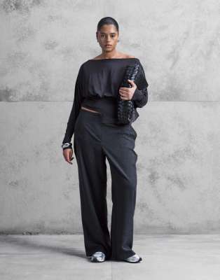 Asos Curve Asos Design Curve Slinky Off Shoulder Long Sleeve Top With Cinch Waist Detail In Blue