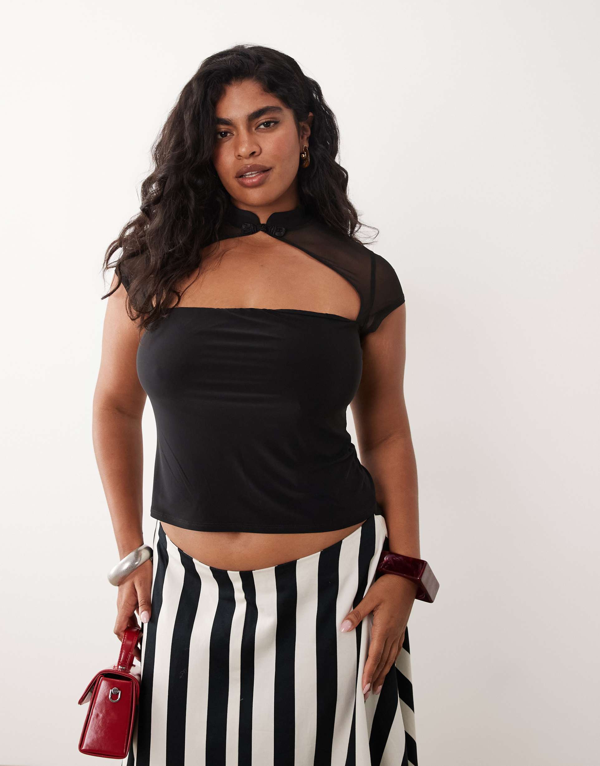 asos design curve slinky rouleau loop top with mesh cutout in black