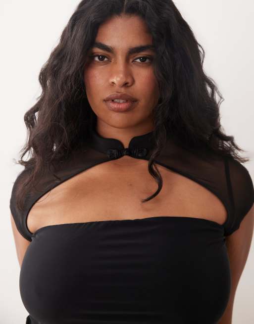 ASOS DESIGN Curve slinky rouleau loop top with mesh cutout in black, 3 of 4