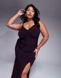 [ASOS Curve] ASOS DESIGN Curve slinky ruched cami top in blackcurrant (part of a set)-Purple XL Blackcurrant