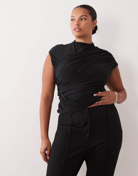 ASOS DESIGN curve slinky ruched drape detail top in black - view 1