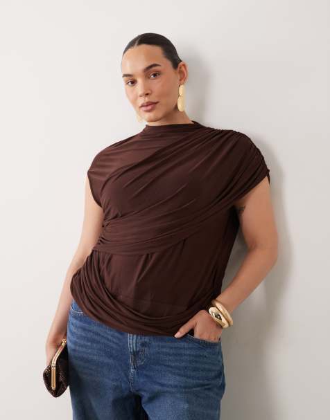 ASOS DESIGN curve slinky ruched drape detail top in brown - view 1