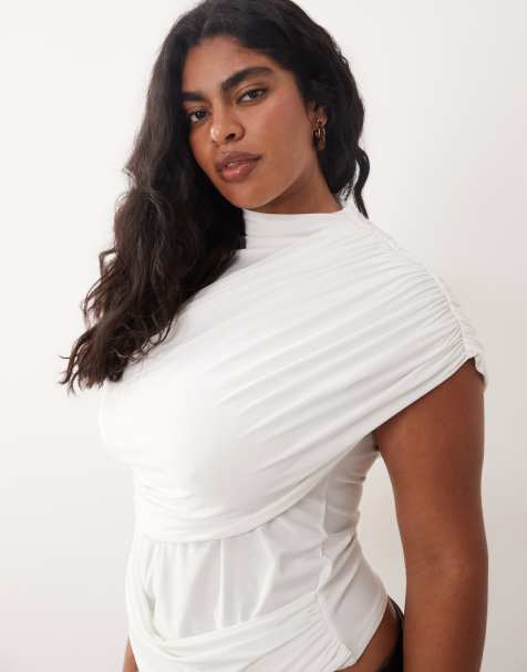 ASOS DESIGN Curve slinky ruched drape detail top in cream - view 1