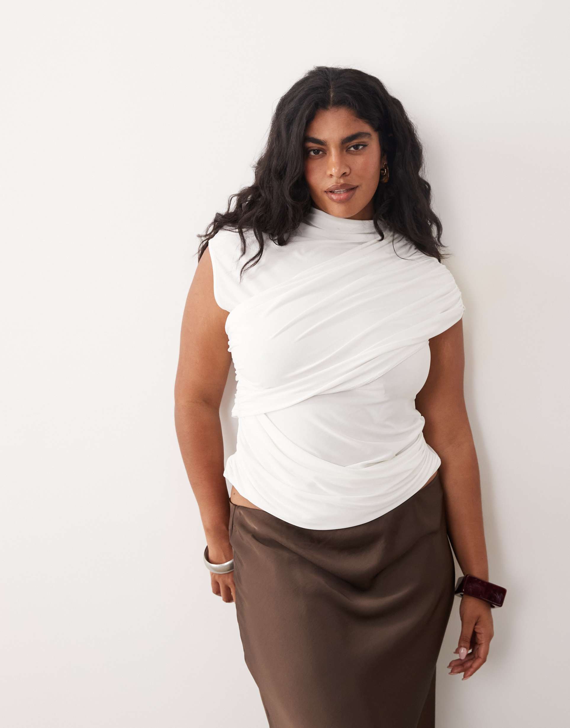 asos design curve slinky ruched drape detail top in cream