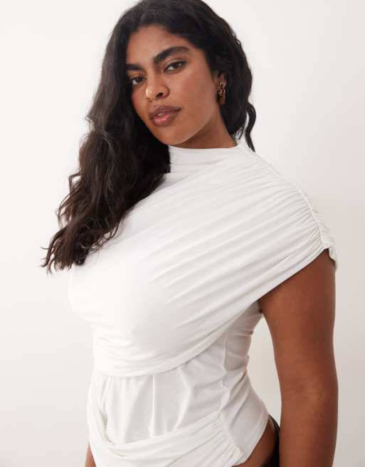 ASOS DESIGN Curve slinky ruched drape detail top in cream, 4 of 4