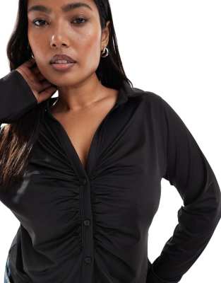 Asos Curve Asos Design Curve Slinky Ruched Plunge Long Sleeve Top In Black