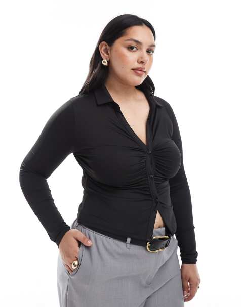 ASOS DESIGN Curve slinky ruched plunge long sleeve top in black - view 1
