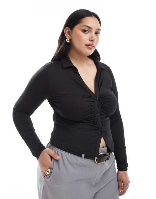 ASOS DESIGN Curve slinky ruched plunge long sleeve top in black