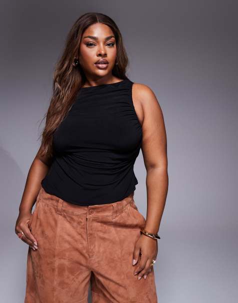 ASOS DESIGN Curve slinky ruched sleeveless top in black - view 1