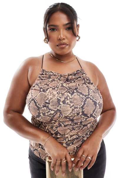 ASOS DESIGN Curve slinky ruched square neck cami top in animal - view 1