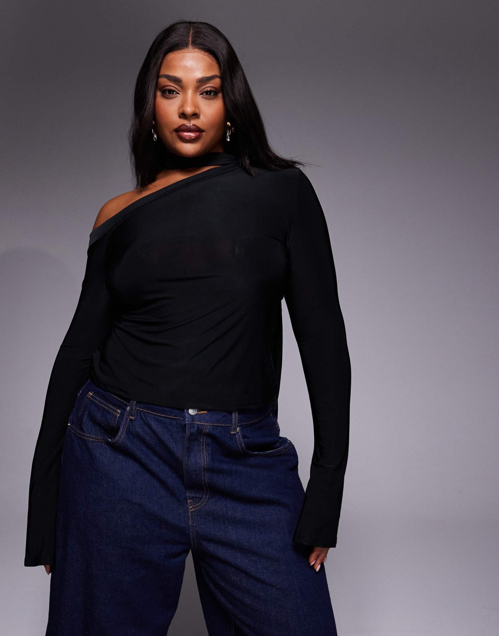 Облегающий топ с открытыми плечами и шарфом ASOS DESIGN Curve черного цвета