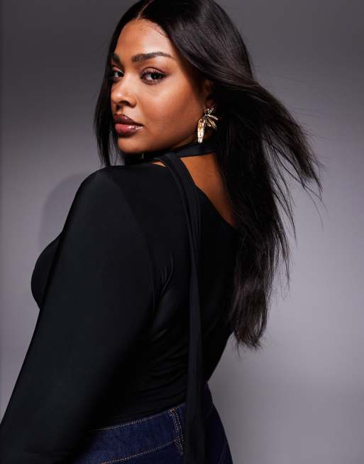 ASOS DESIGN Curve slinky scarf neck off shoulder top in black, 2 of 4