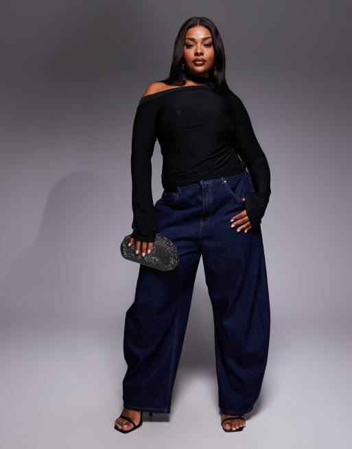 ASOS DESIGN Curve slinky scarf neck off shoulder top with flare sleeves in black, 3 of 4