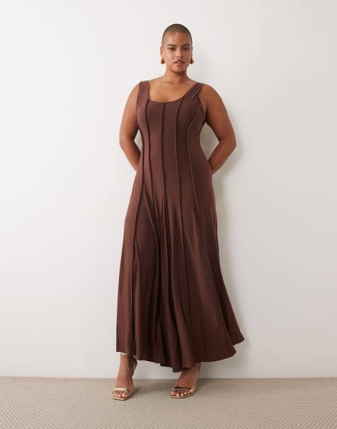 ASOS DESIGN Curve slinky scoop neck maxi dress with exposed seams in brown - view 1