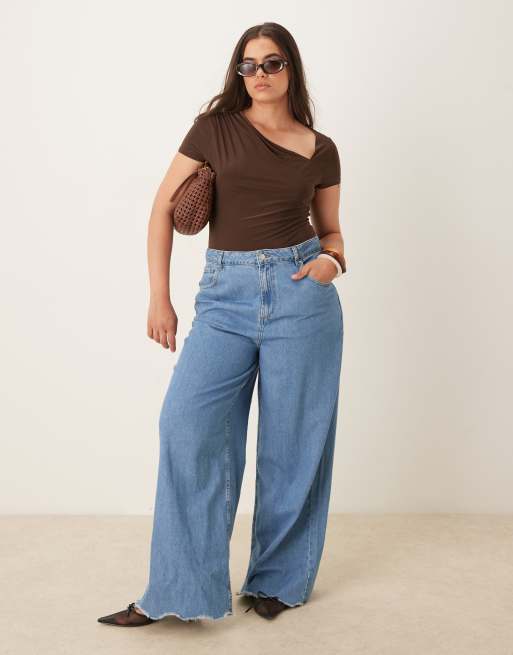 ASOS DESIGN Curve slinky short sleeve bodysuit with asymmetric neckline and draping in chocolate, 2 of 4