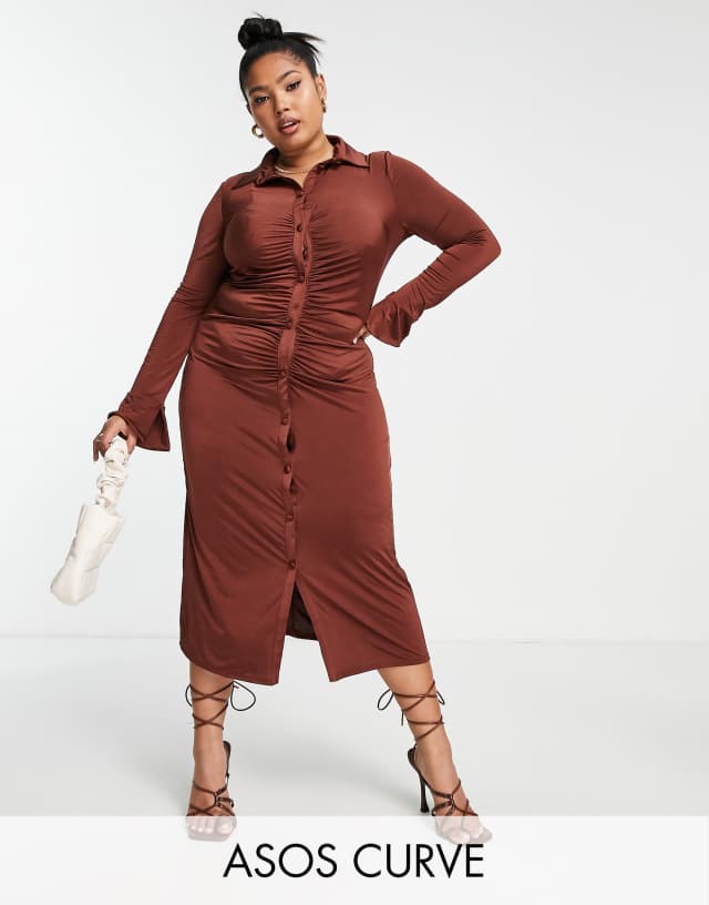 ASOS DESIGN Curve slinky slim fitted midi shirt dress with ruching in brown