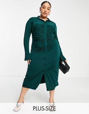 Asos Curve Asos Design Curve Slinky Slim Fitted Midi Shirt Dress With ...