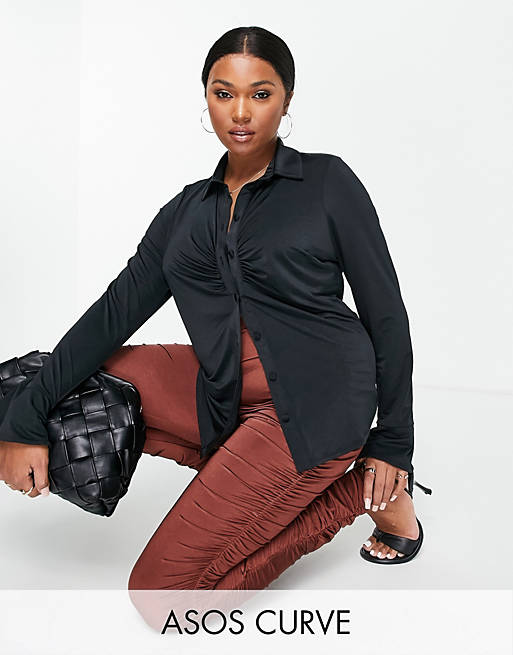 Tops Curve slinky slim fitted shirt with ruching 