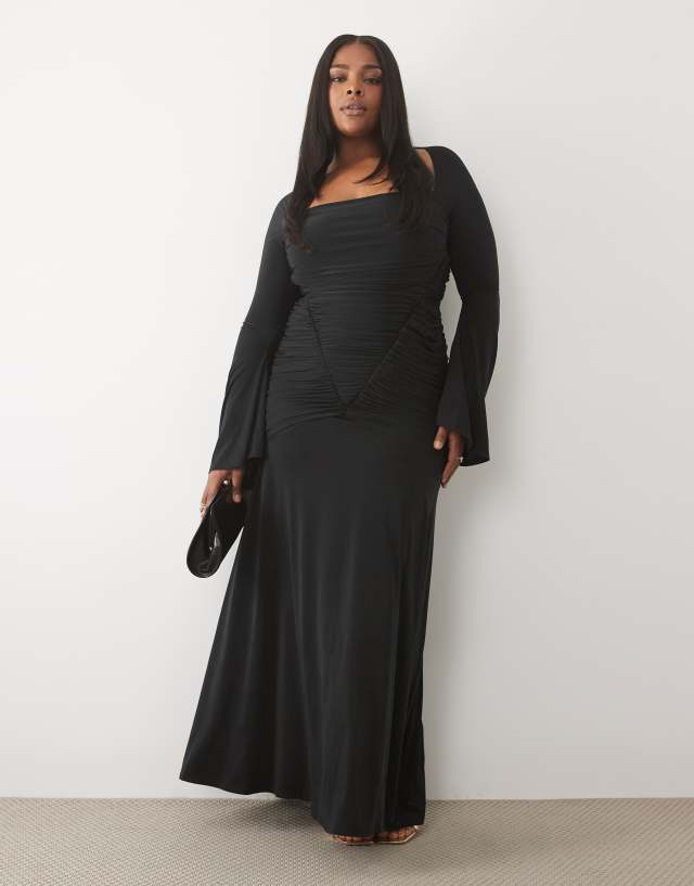 ASOS DESIGN Curve slinky square neck maxi dress with ruched bodice in black