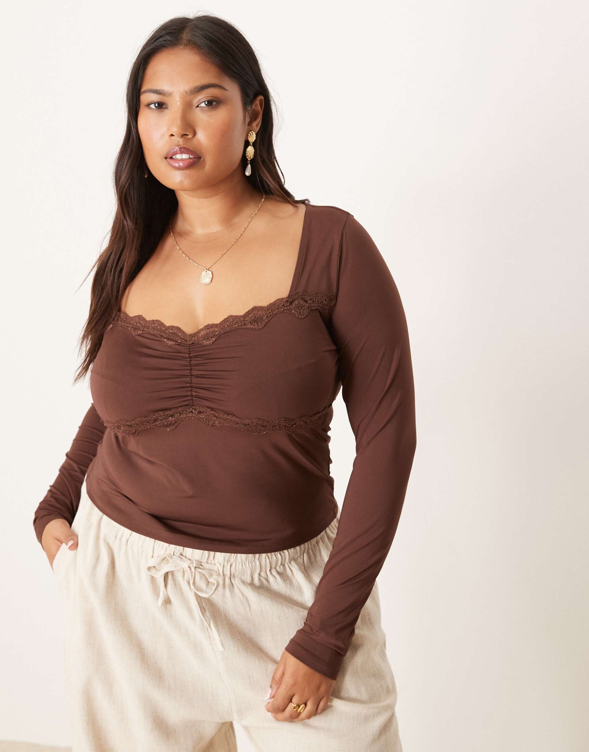 asos design curve slinky square neck ruched front long sleeve top with lace in chocolate