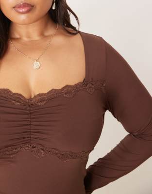 Asos Curve Asos Design Curve Slinky Square Neck Ruched Front Long Sleeve Top With Lace In Brown
