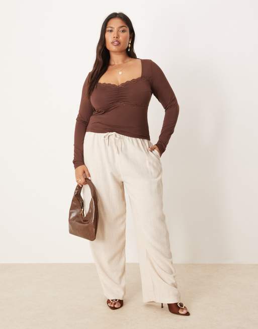 ASOS DESIGN Curve slinky square neck ruched front long sleeve top with lace in chocolate, 3 of 4