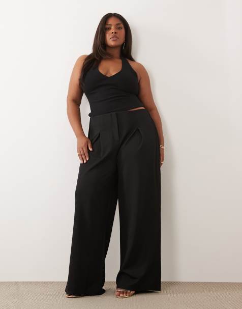 ASOS DESIGN Curve slinky twill tailored slouchy wide leg pants in black - view 1