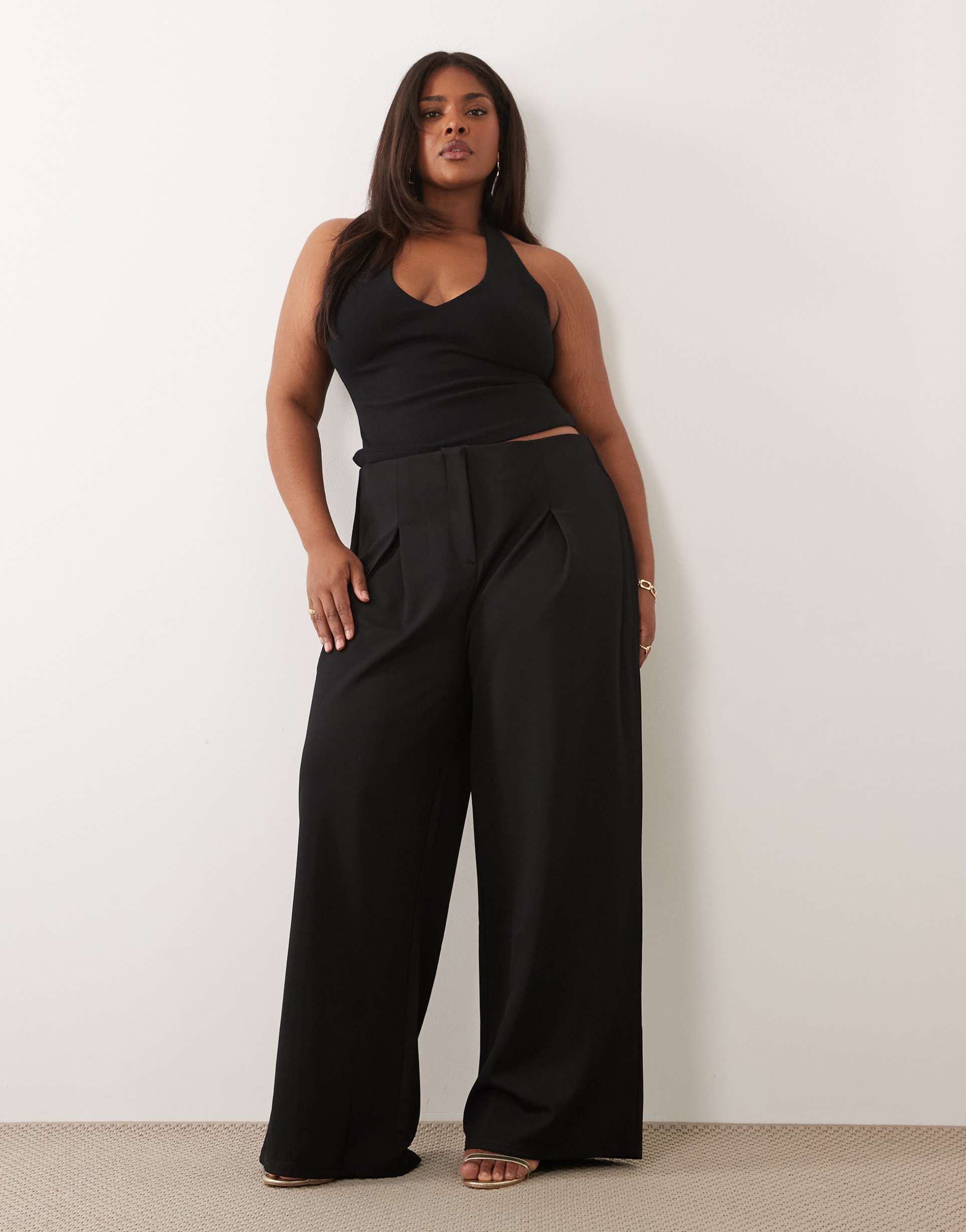 asos design curve slinky twill tailored slouchy wide leg pants in black