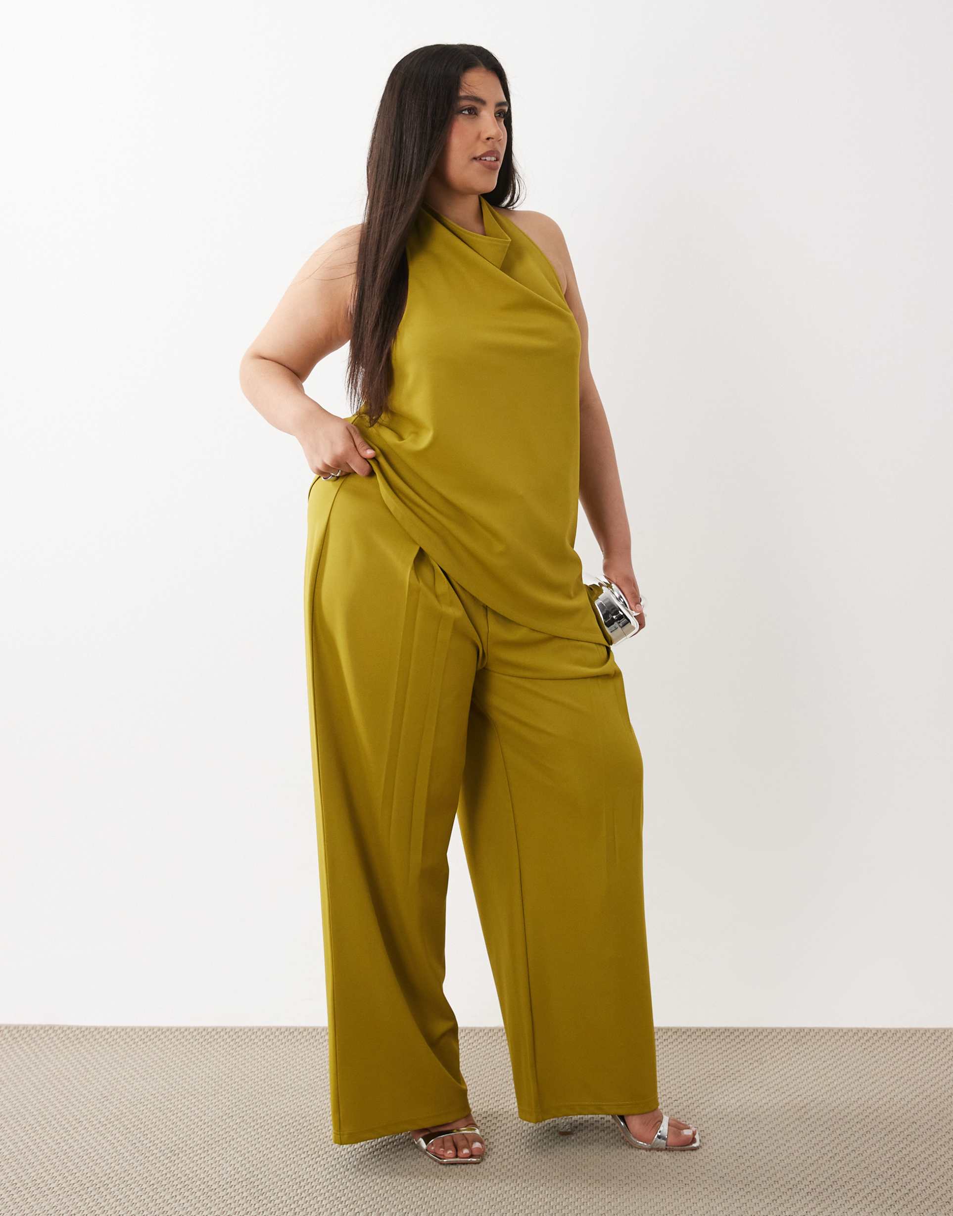 asos design curve slinky twill tailored slouchy wide leg pants in green - part of a set