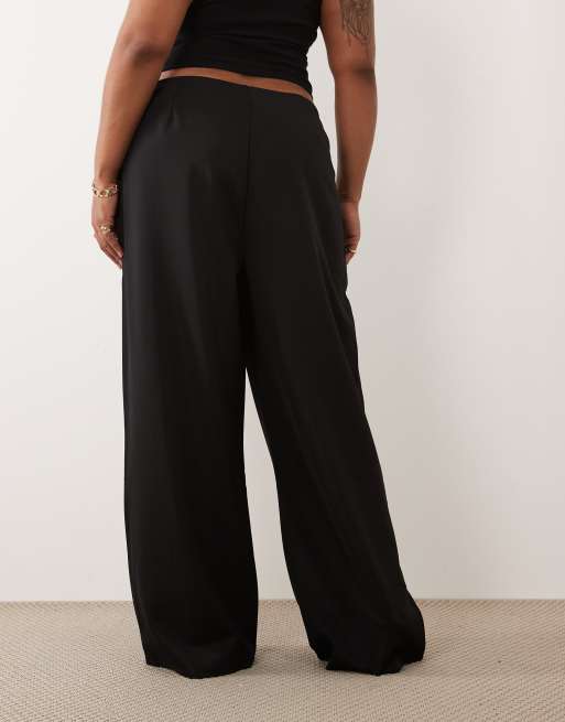 ASOS DESIGN Curve slinky twill tailored slouchy wide leg trouser in black, 3 of 5