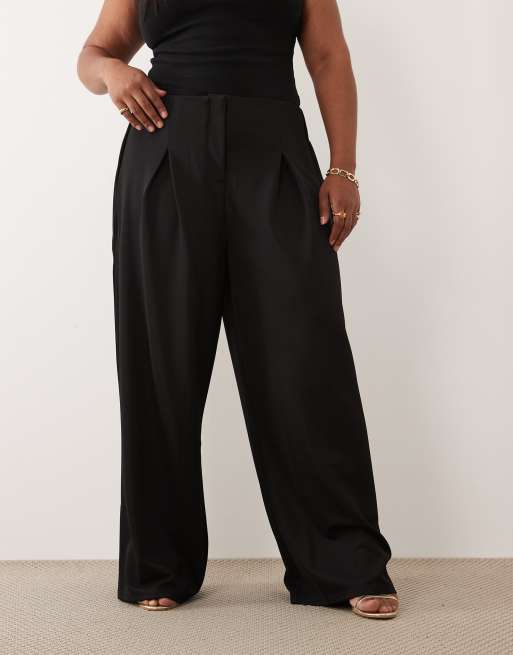 ASOS DESIGN Curve slinky twill tailored slouchy wide leg trouser in black, 4 of 5