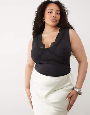 Asos Curve Asos Design Curve Slinky V-neck Lace Trim Top In Black