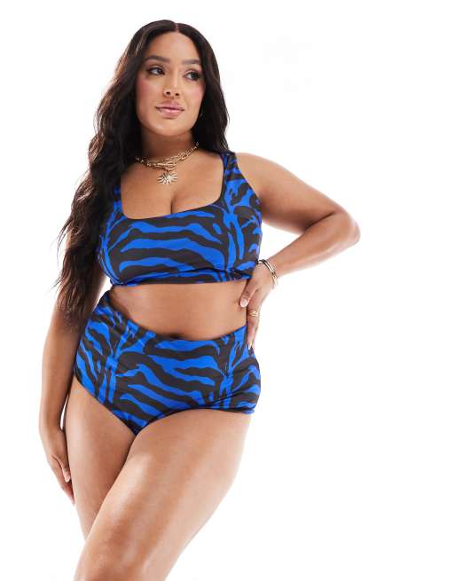 ASOS DESIGN Curve - Slip bikini a vita alta blu zebrato