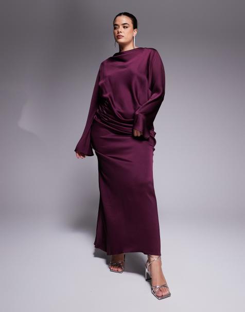 ASOS DESIGN Curve long sleeve satin maxi dress with ruched tab detail in plum