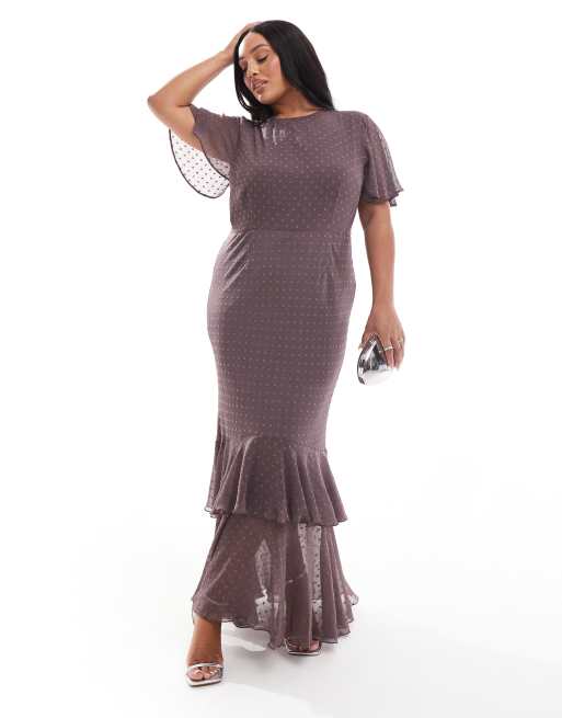 ASOS DESIGN Curve – Śliwkowa, warstwowa sukienka maxi z materiału dobby, z rozkloszowanymi rękawami i falbankami