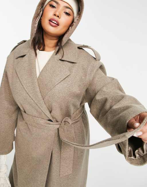 ASOS DESIGN Curve slouchy belted coat with hood in mushroom, 2 of 4