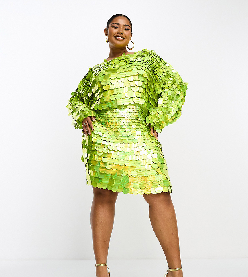 ASOS DESIGN Curve slouchy embellished mini dress in lime oversized disc-Green